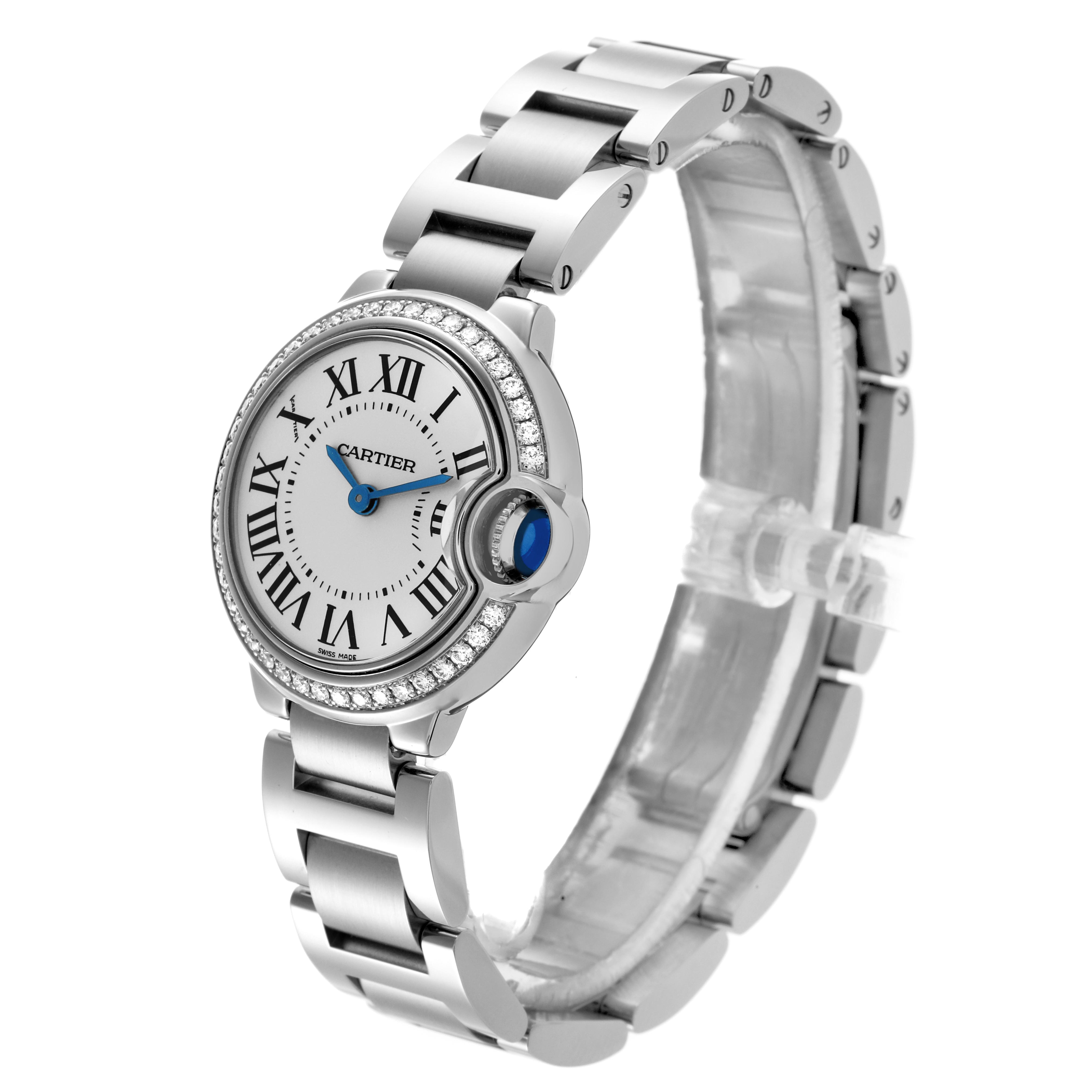 The Cartier Ballon Bleu W4BB0015 Women's Stainless Steel Silver Dial W4BB0015 Women's Stainless Steel Silver Dial watch is shown at a three-quarter angle, highlighting the round face, bracelet, and cabochon crown.