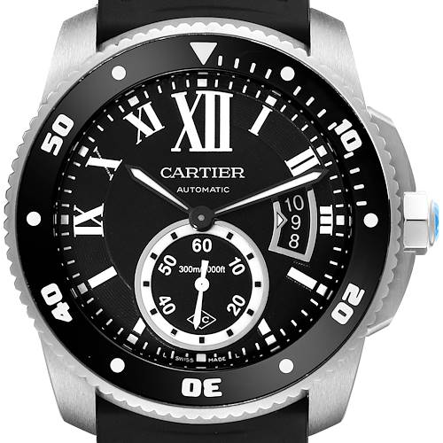 The image shows a front view of the Calibre de Cartier model by Cartier, highlighting the watch dial, bezel, and crown.