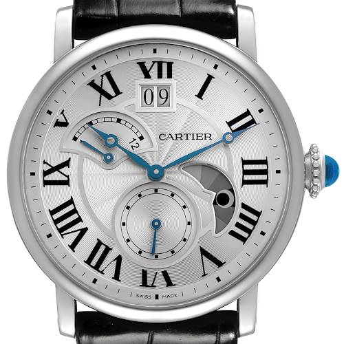 The Cartier Ronde W1556368 Men's Stainless Steel Silver Dial W1556368 Men's Stainless Steel Silver Dial watch is shown from the front, displaying its face, Roman numerals, and hands.