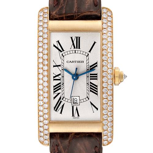This is a frontal view of the Cartier Tank Americaine WB7019K2 Women's Yellow Gold Silver Dial WB7019K2 Women's Yellow Gold Silver Dial watch, showcasing its face, strap, and diamond-encrusted bezel.