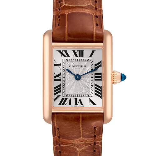 The image shows a frontal view of a Cartier Tank Louis WGTA0010 Women's Rose Gold Silver Dial WGTA0010 Women's Rose Gold Silver Dial watch, highlighting its rectangular face, Roman numerals, and brown leather strap.