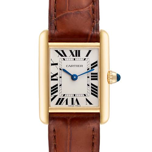 The image shows a front view of the Cartier Tank Louis W1529856 Women's Yellow Gold Silver Dial W1529856 Women's Yellow Gold Silver Dial watch, highlighting its brown leather strap and rectangular face with Roman numerals.