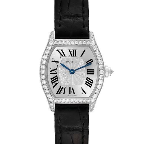 The image shows a front view of the Cartier Tortue WA501007 Women's White Gold Silver Dial WA501007 Women's White Gold Silver Dial watch, featuring its face, black leather strap, and diamond-studded bezel.