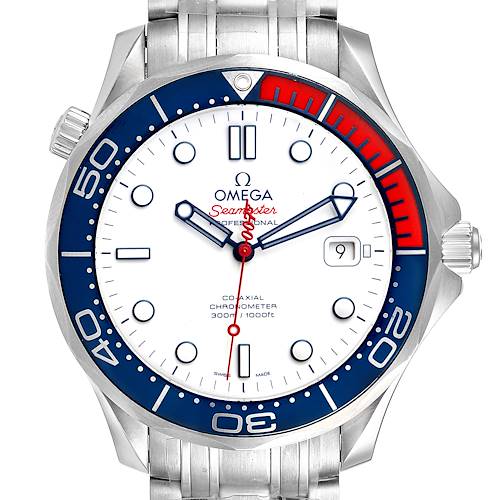 This image shows a front view of the Omega Seamaster 212.32.41.20.04.001 Men's Stainless Steel White Dial 212.32.41.20.04.001 Men's Stainless Steel White Dial watch, highlighting its dial, bezel, and bracelet.