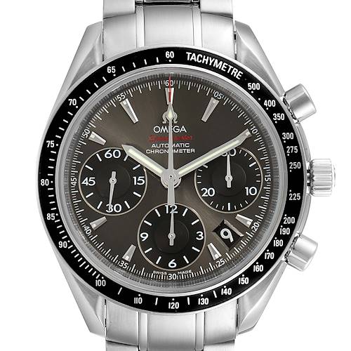 This image shows a frontal view of the Omega Speedmaster 323.30.40.40.06.001 Men's Stainless Steel Grey Dial 323.30.40.40.06.001 Men's Stainless Steel Grey Dial watch, highlighting its dial, subdials, tachymetre bezel, and stainless steel bracelet.