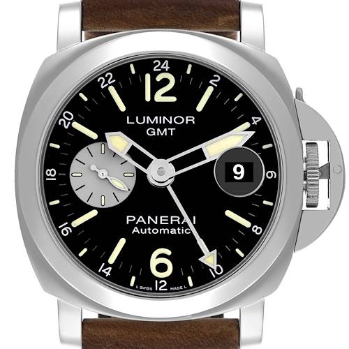The Panerai Luminor PAM01088 Men's Stainless Steel Black Dial PAM01088 Men's Stainless Steel Black Dial watch is shown from the front, highlighting the dial, hands, date window, and distinctive crown guard.
