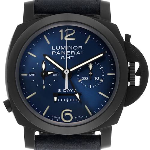 The Panerai Luminor PAM01135 Men's Titanium Blue Dial PAM01135 Men's Titanium Blue Dial watch is shown from a front angle, displaying its dial, hands, and crown guard.