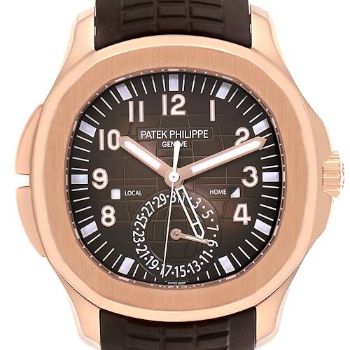 The image shows a front view of the Patek Philippe Aquanaut 5164R Men's Rose Gold Brown Dial 5164R Men's Rose Gold Brown Dial watch, displaying its dial, hands, and bezel.