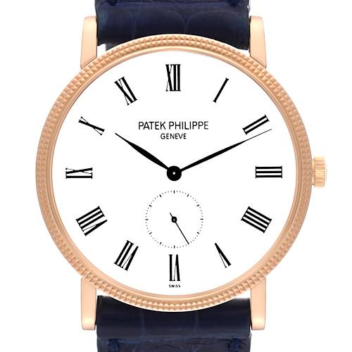 The image shows a front view of the Patek Philippe Calatrava 5119R Men's Rose Gold White Dial 5119R Men's Rose Gold White Dial watch, highlighting its face, hands, Roman numerals, and brand name.