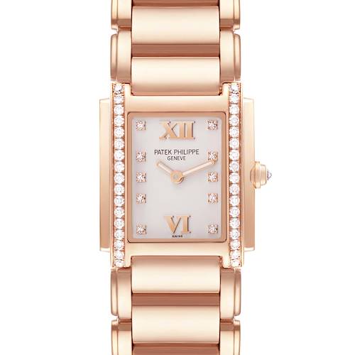 The Patek Philippe Twenty-4 4910/11R-011 Women's Rose Gold Silver Dial 4910/11R-011 Women's Rose Gold Silver Dial watch is shown from a top-down angle, highlighting its rectangular face, diamond markers, and bracelet.