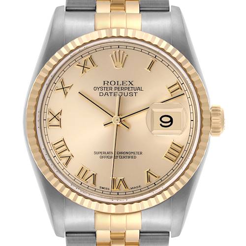 The image shows a front view of a Rolex Datejust 16233 Men's Steel and Gold (two tone) Champagne Dial 16233 Men's Steel and Gold (two tone) Champagne Dial, highlighting its dial, fluted bezel, and crown, with part of the bracelet visible.