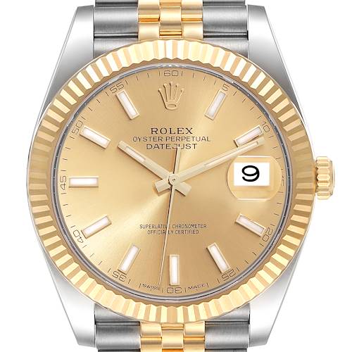 The image shows a front view of the Rolex Datejust 41 126333 Men's Steel and Gold (two tone) Champagne Dial 126333 Men's Steel and Gold (two tone) Champagne Dial watch, highlighting the dial, fluted bezel, and part of the Jubilee bracelet.