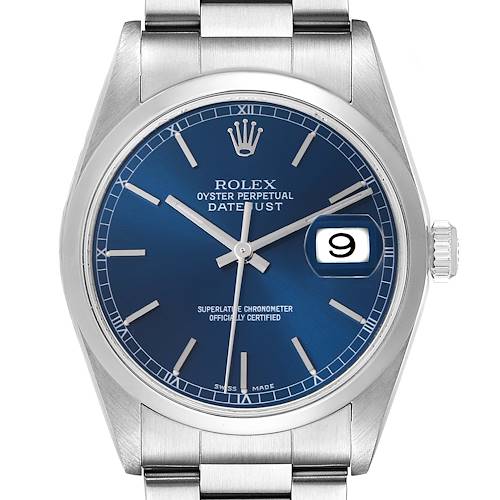 The image shows a Rolex Datejust 16200 Men's Stainless Steel Blue Dial 16200 Men's Stainless Steel Blue Dial watch from a top view, highlighting the dial, hands, crown, and part of the bracelet.