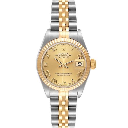 The Rolex Datejust 79173 Women's Steel and Gold (two tone) Champagne Dial 79173 Women's Steel and Gold (two tone) Champagne Dial watch is shown from a front angle, displaying the face, gold bezel, and two-tone bracelet.