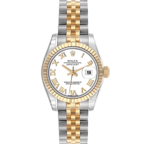 The Rolex Datejust 179173 Women's Steel and Gold (two tone) White Dial 179173 Women's Steel and Gold (two tone) White Dial watch is shown from the front, displaying the dial, bezel, and bracelet.