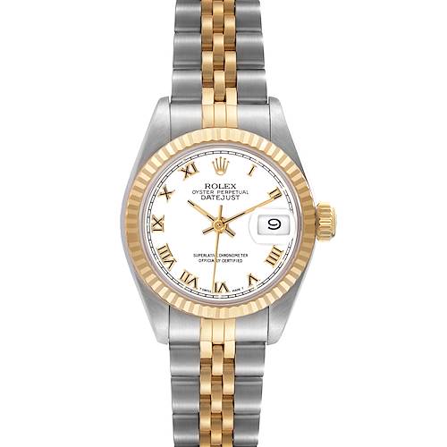 The Rolex Datejust 69173 Women's Steel and Gold (two tone) White Dial 69173 Women's Steel and Gold (two tone) White Dial watch is shown from the front, displaying its face, bezel, and bracelet.