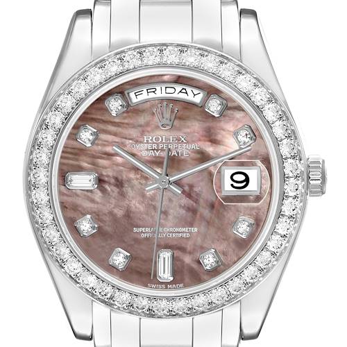 The Rolex Pearlmaster 18946 Men's Platinum Mother of Pearl Dial 18946 Men's Platinum Mother of Pearl Dial watch is shown from the front, featuring a diamond-set bezel, mother-of-pearl dial, and day-date display.