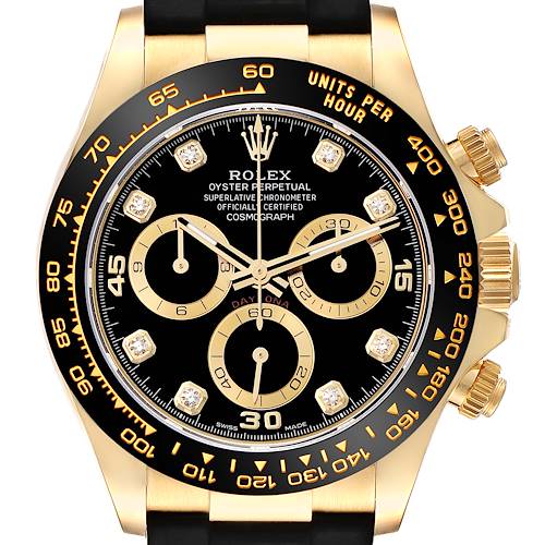 The image shows a frontal view of a Rolex Daytona 116518 Men's Yellow Gold Black Dial 116518 Men's Yellow Gold Black Dial watch, highlighting the black dial, sub-dials, and gold bezel.