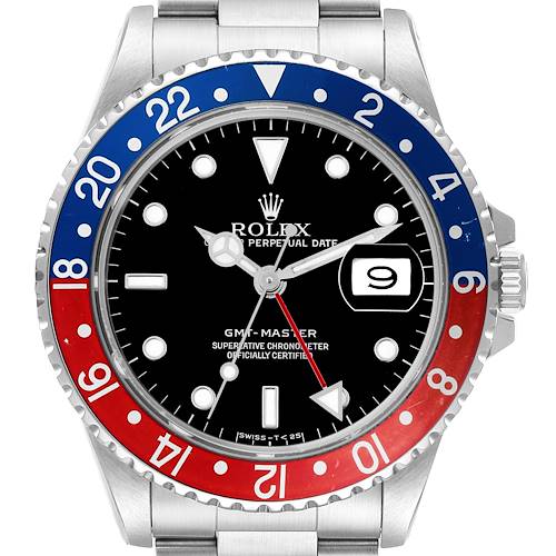 The Rolex GMT-Master 16700 Men's Stainless Steel Black Dial 16700 Men's Stainless Steel Black Dial watch is shown from a top-down angle, displaying its bezel, dial, hands, and date window.