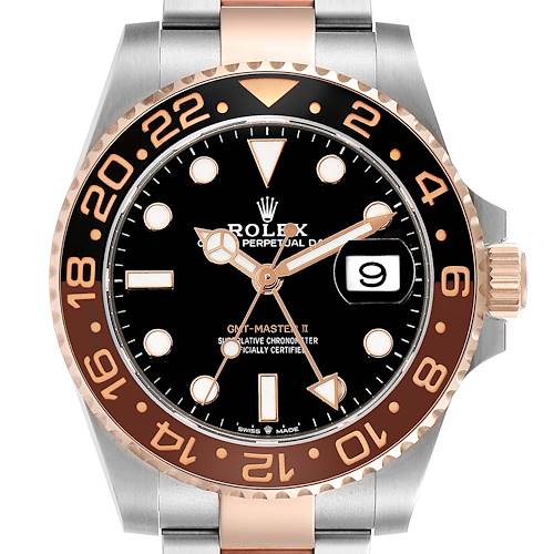This image shows a front view of the Rolex GMT-Master 126711CHNR Men's Steel and Gold (two tone) Black Dial 126711CHNR Men's Steel and Gold (two tone) Black Dial II watch, displaying its bezel, dial, hands, and part of the bracelet.