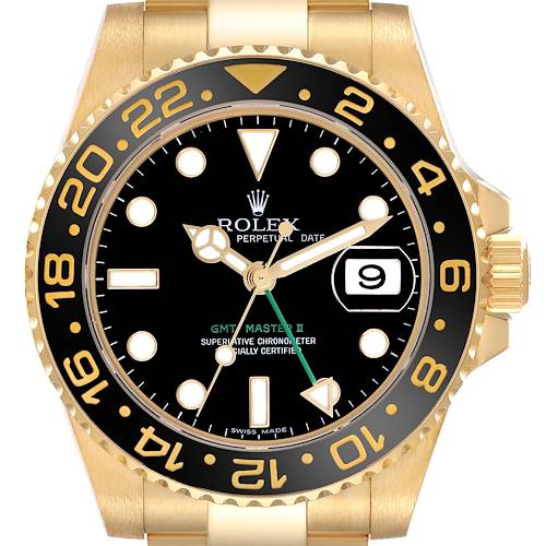 The Rolex GMT-Master 116718 Men's Yellow Gold Black Dial 116718 Men's Yellow Gold Black Dial model is shown from a front angle, highlighting the dial, bezel, and crown.