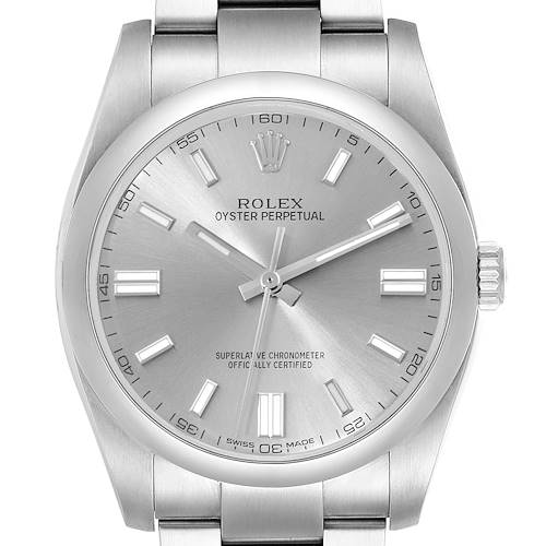The image shows a front view of a Rolex Oyster Perpetual 116000 Men's Stainless Steel Silver Dial 116000 Men's Stainless Steel Silver Dial watch, displaying its dial, hands, crown, and part of the bracelet.