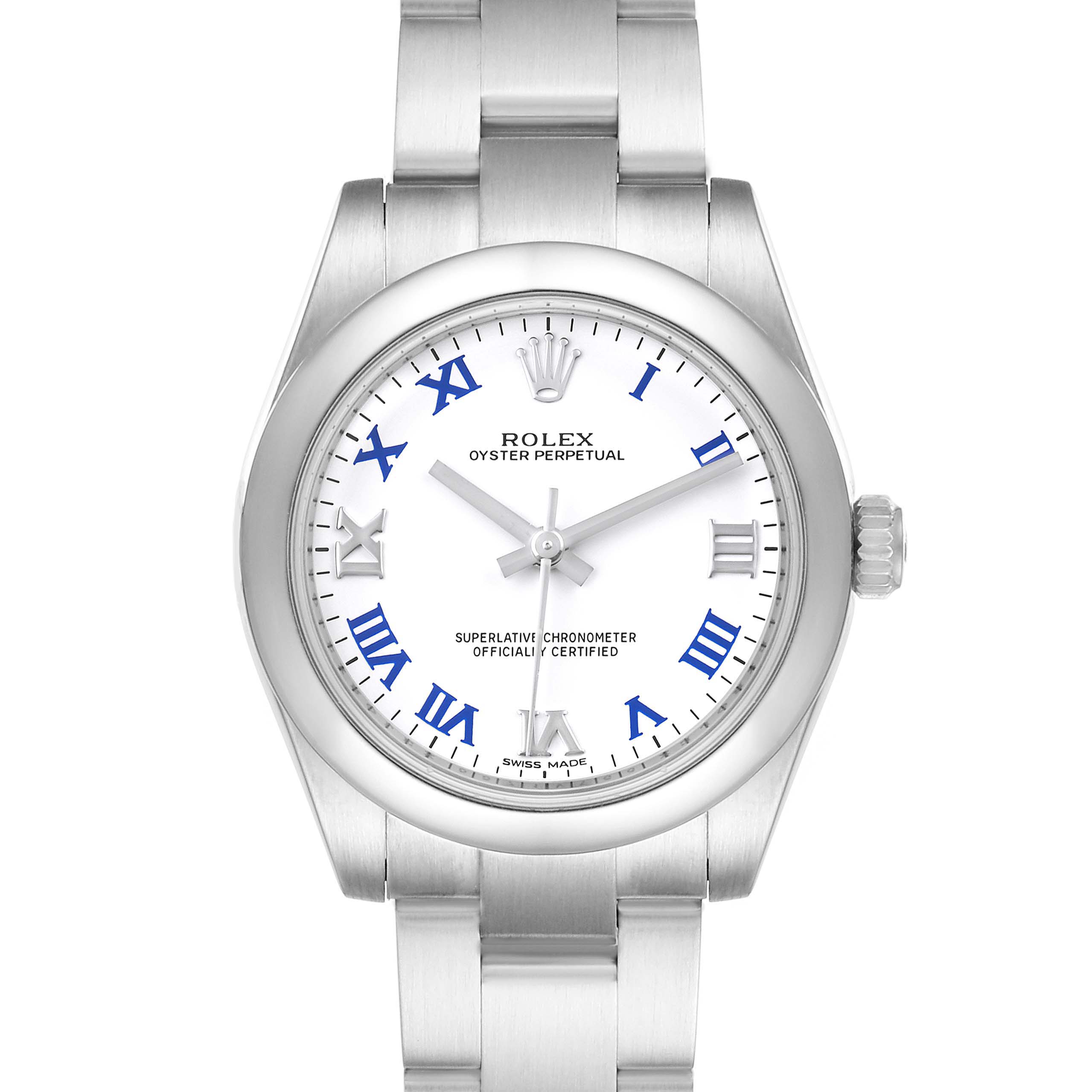 This Rolex Oyster Perpetual Mid-Size watch is viewed from the front, showcasing its dial, bezel, and bracelet.
