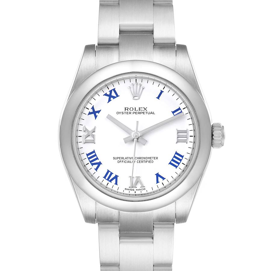 This Rolex Oyster Perpetual Mid-Size watch is viewed from the front, showcasing its dial, bezel, and bracelet.