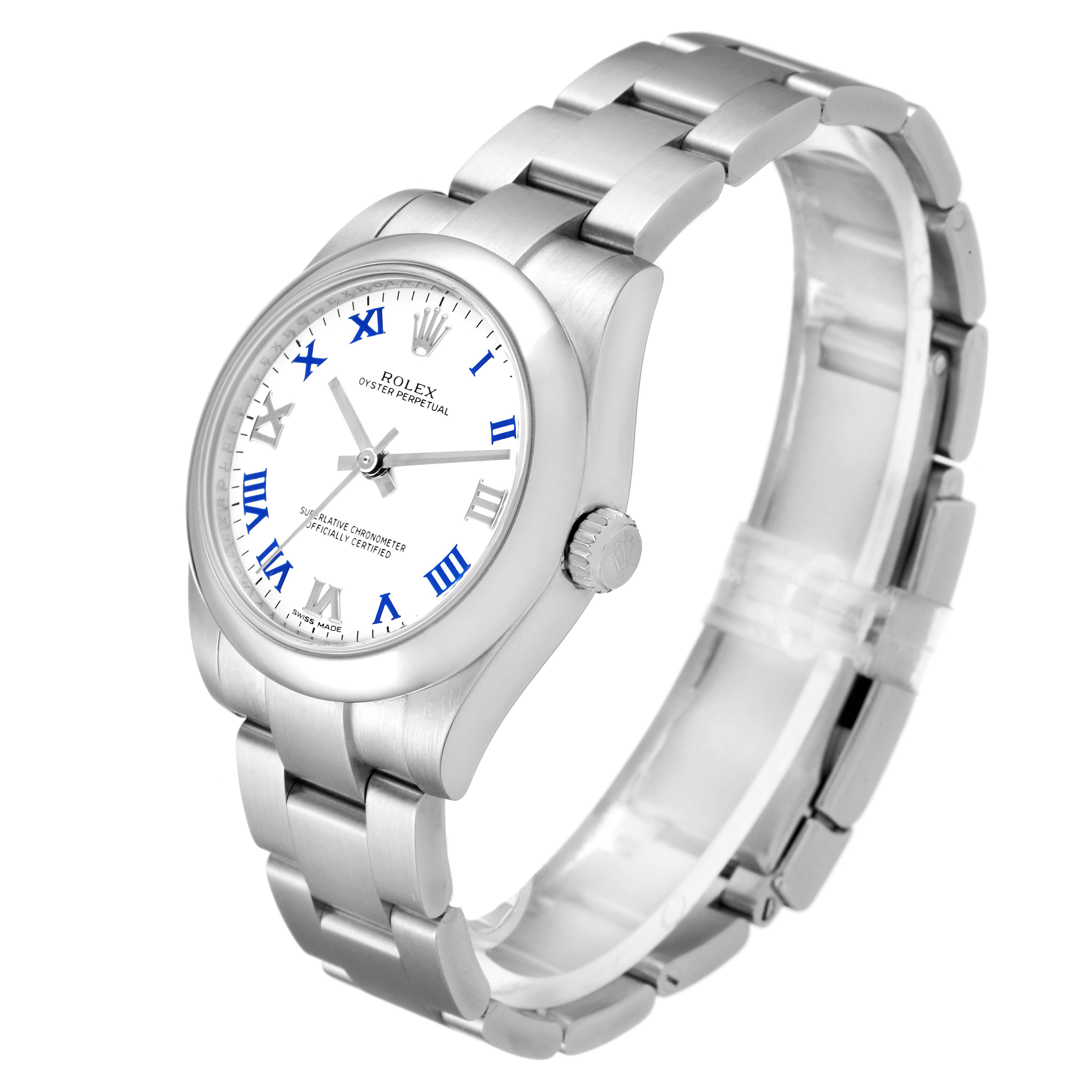 The image shows a mid-size Rolex Oyster Perpetual watch at a slight angle, highlighting the dial, bracelet, and crown.