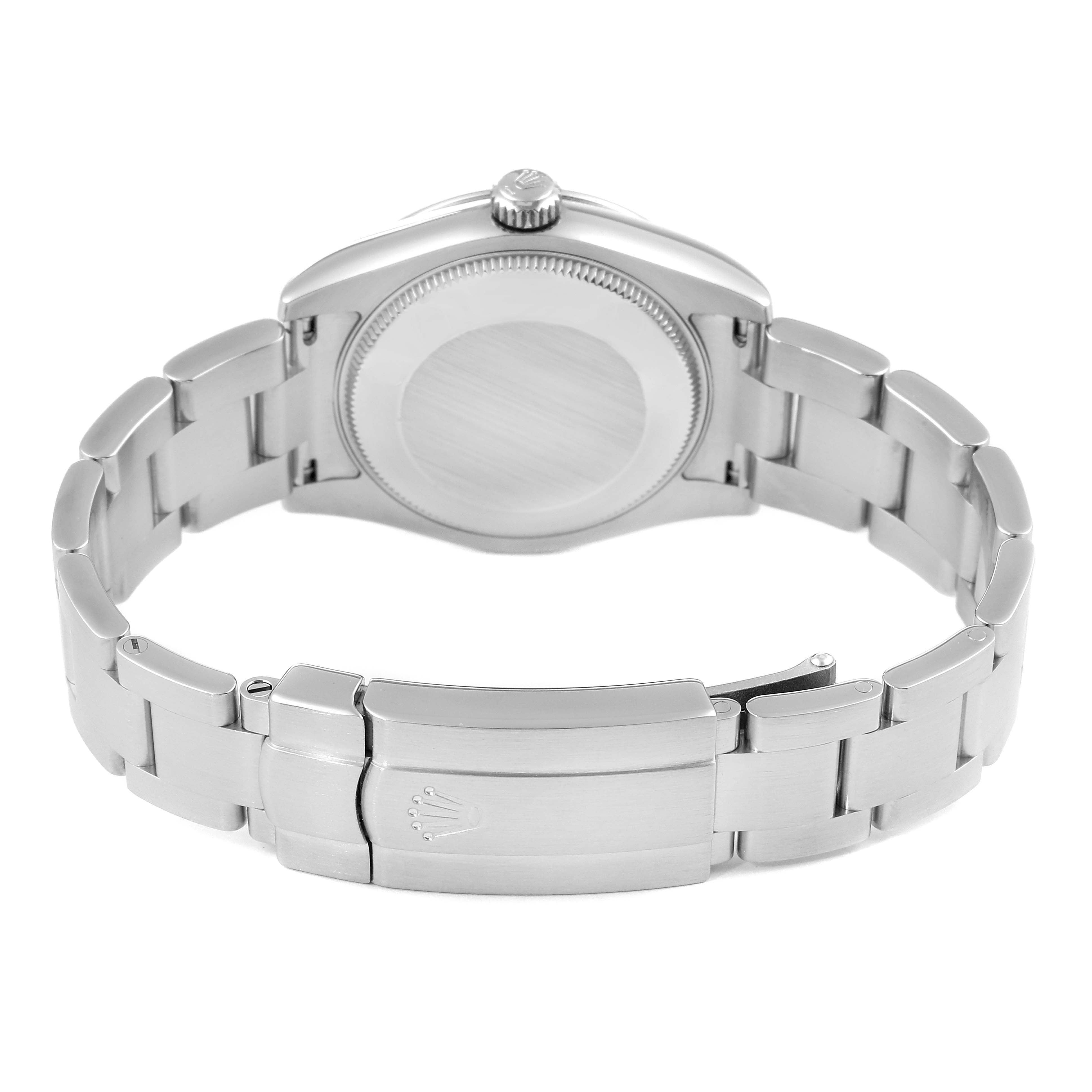 This image shows the back view of a Rolex Mid-Size 177200 Women's Stainless Steel White Dial 177200 Women's Stainless Steel White Dial watch, highlighting its bezel, case back, and bracelet with clasp.
