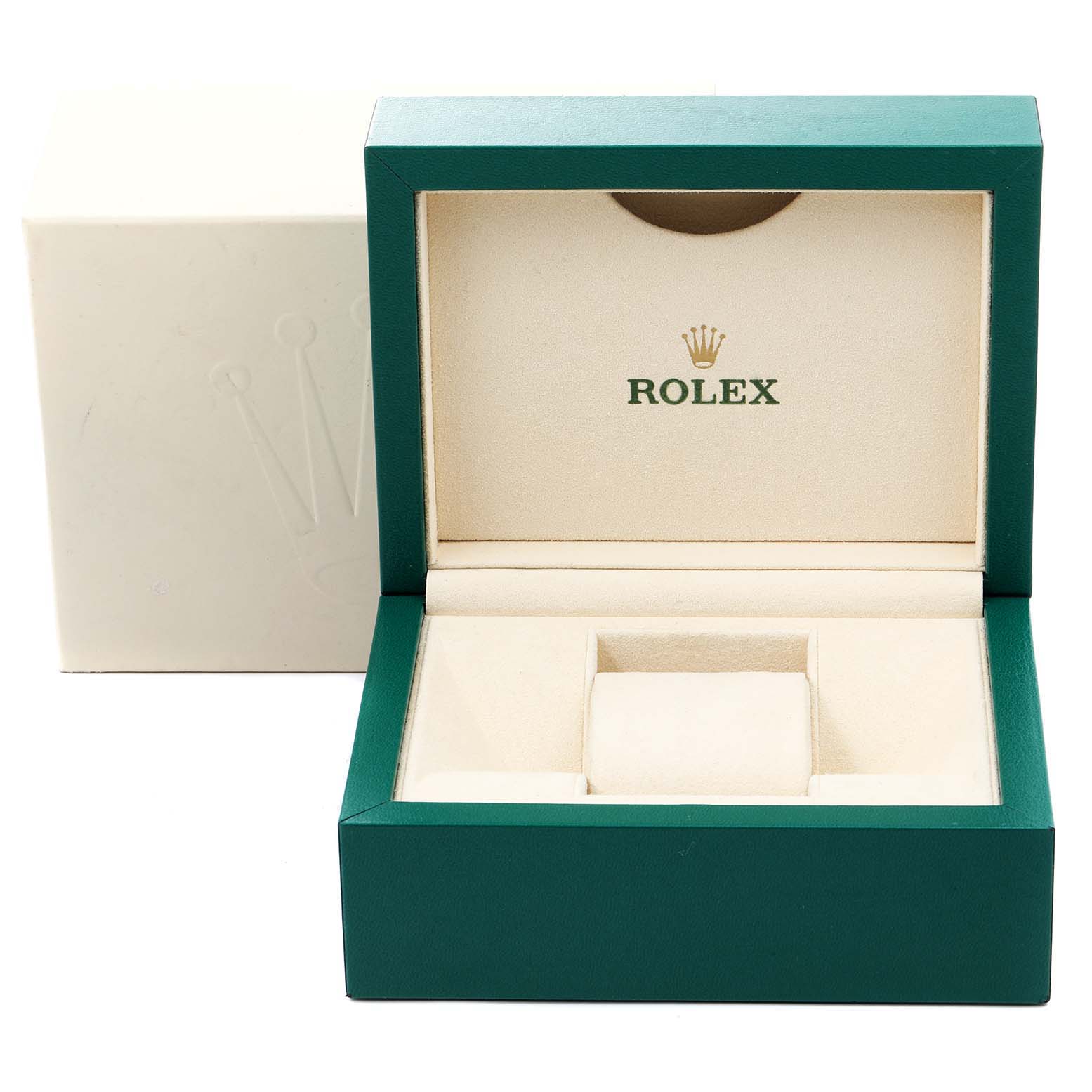 This image shows an open Rolex box for a Mid-Size model watch, displaying the interior with the cushion for watch placement.