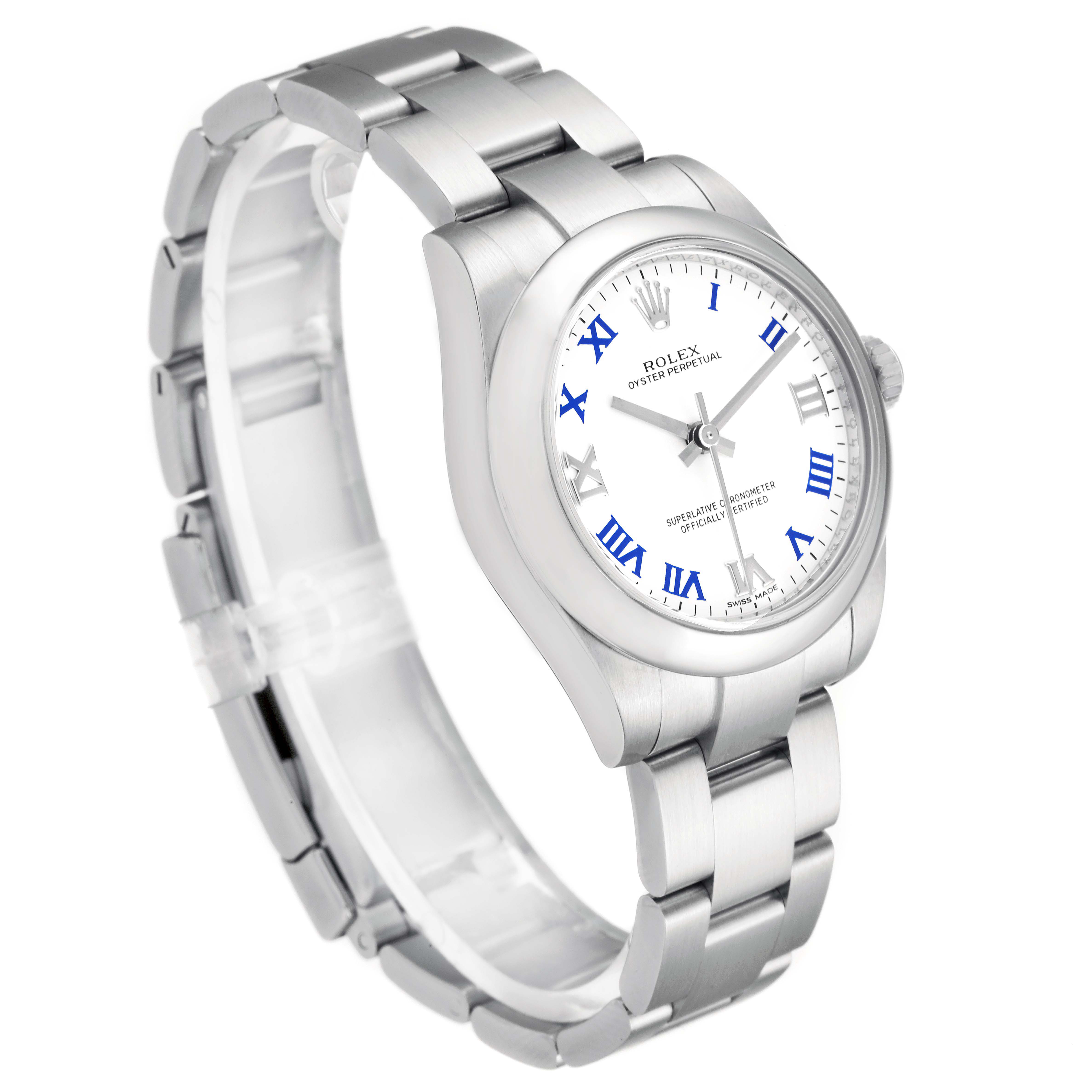 This image shows a Rolex Mid-Size 177200 Women's Stainless Steel White Dial 177200 Women's Stainless Steel White Dial Oyster Perpetual watch from an angled front view, displaying its face, crown, and bracelet.