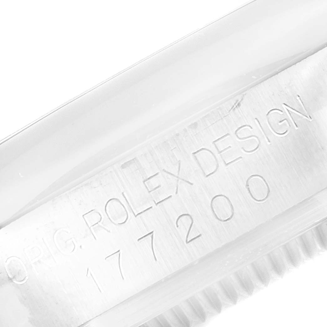 This image shows a close-up of the engravings on the side of a Rolex Mid-Size 177200 Women's Stainless Steel White Dial 177200 Women's Stainless Steel White Dial watch, displaying its model number "177200."