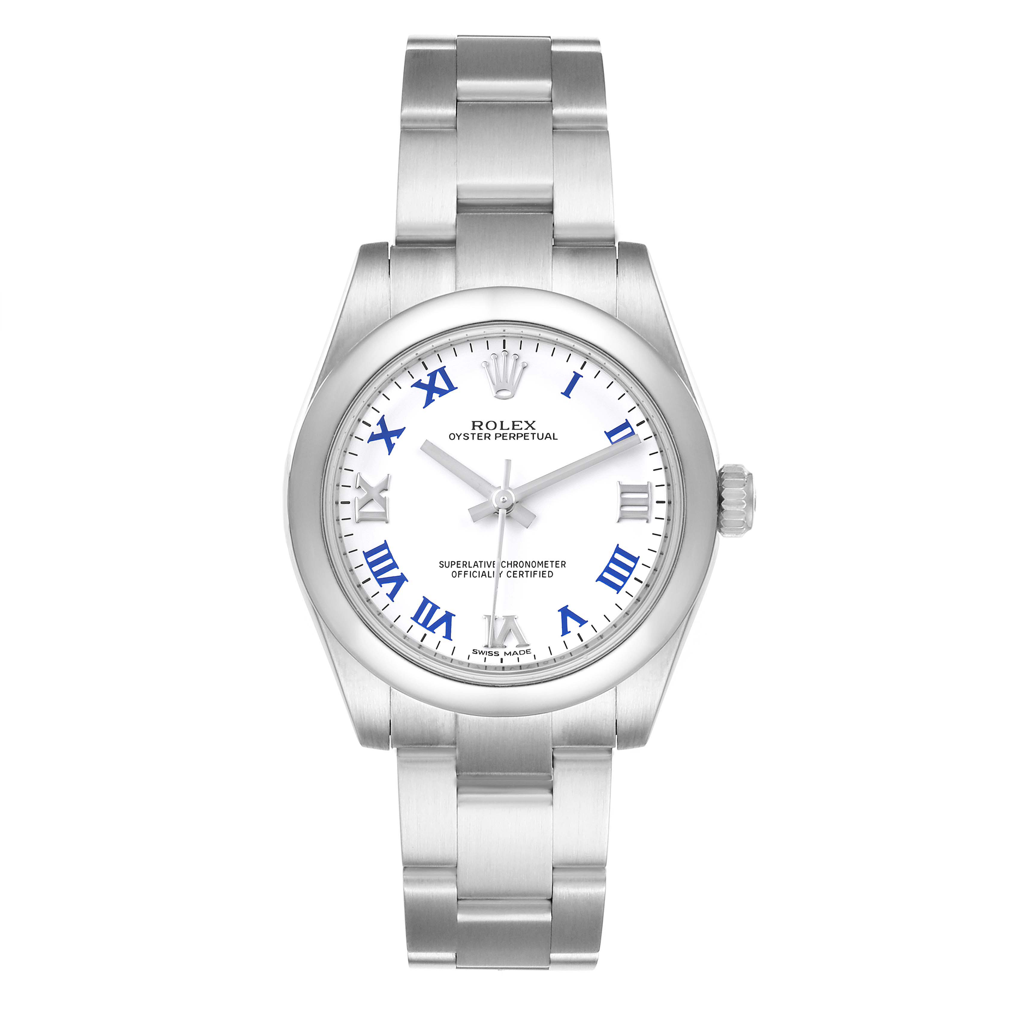 This Rolex Mid-Size 177200 Women's Stainless Steel White Dial 177200 Women's Stainless Steel White Dial model watch is shown from a front angle, highlighting its dial, bezel, case, and bracelet.