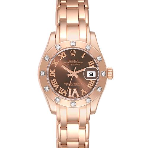 The Rolex Pearlmaster 80315 Women's Rose Gold Brown Dial 80315 Women's Rose Gold Brown Dial watch is shown from the front, displaying its dial, bezel with diamonds, crown, and bracelet.