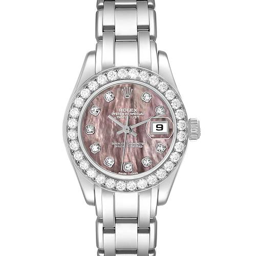 The Rolex Pearlmaster 69299 Women's White Gold Mother of Pearl Dial 69299 Women's White Gold Mother of Pearl Dial watch is shown from a front angle, displaying the face, bezel, and part of the bracelet.