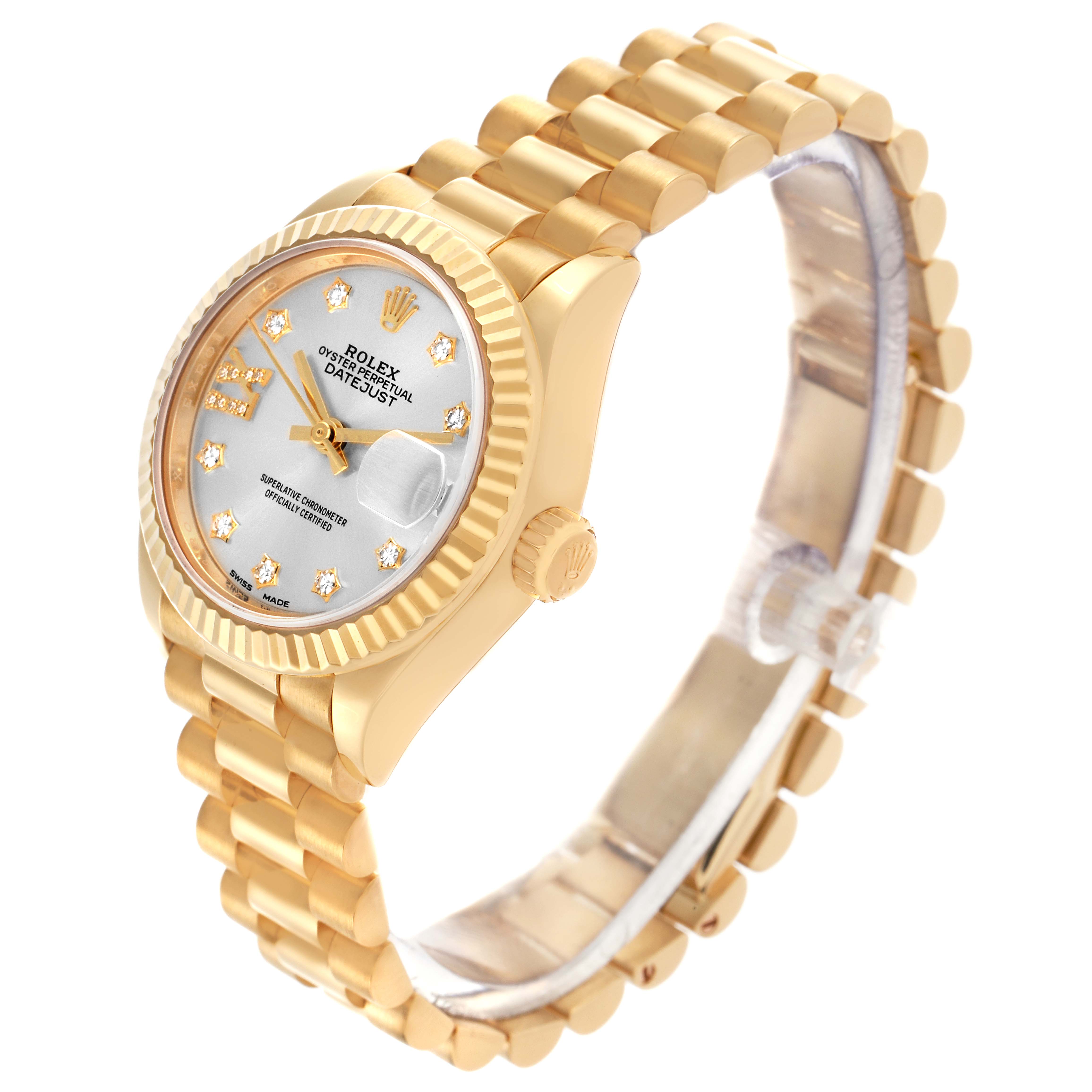 The Rolex President 279178 Women's Yellow Gold Silver Dial 279178 Women's Yellow Gold Silver Dial model is shown from a side angle, highlighting the face, crown, and bracelet.