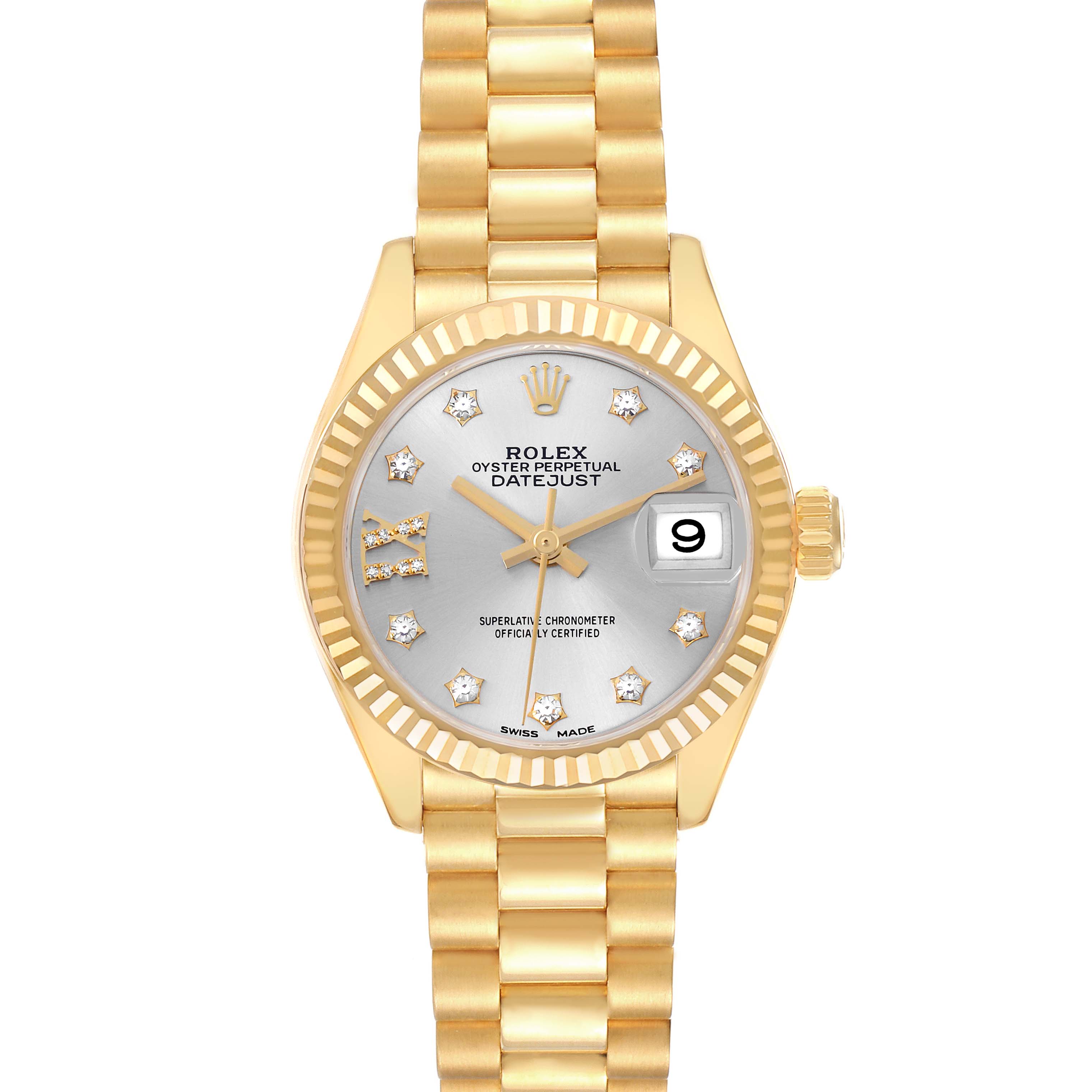 The Rolex President 279178 Women's Yellow Gold Silver Dial 279178 Women's Yellow Gold Silver Dial model watch is shown from a top view, displaying its gold bracelet, silver dial, fluted bezel, and date window.