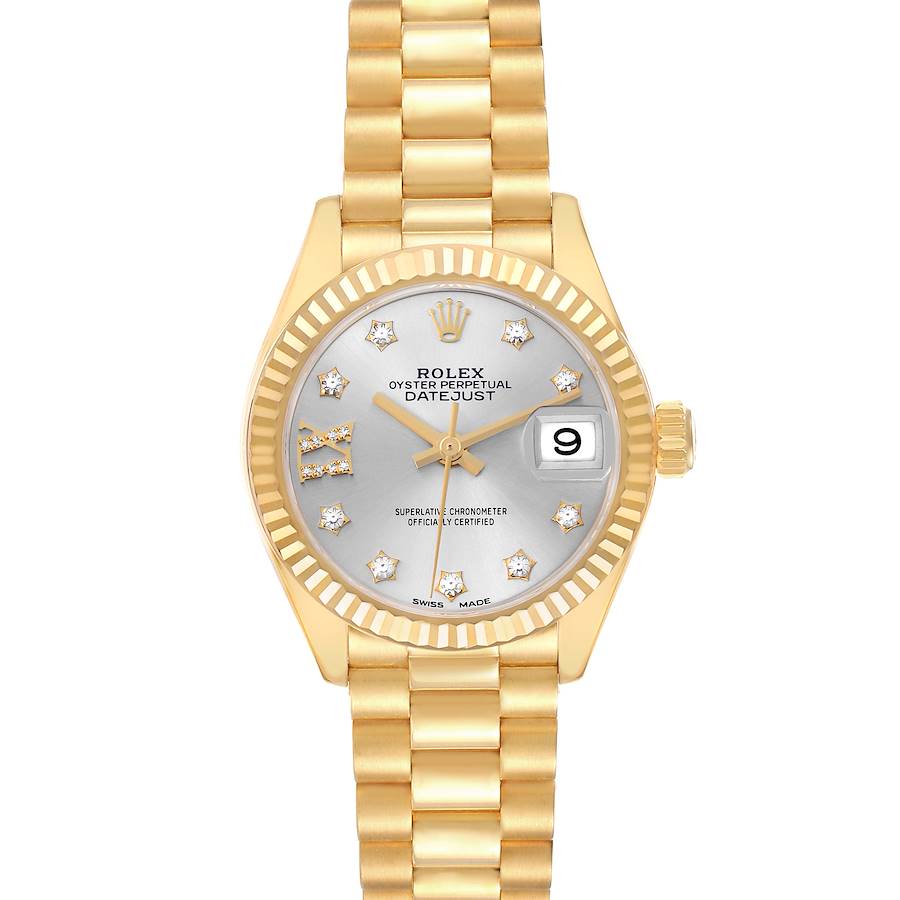 The Rolex President 279178 Women's Yellow Gold Silver Dial 279178 Women's Yellow Gold Silver Dial model watch is shown from a top view, displaying its gold bracelet, silver dial, fluted bezel, and date window.