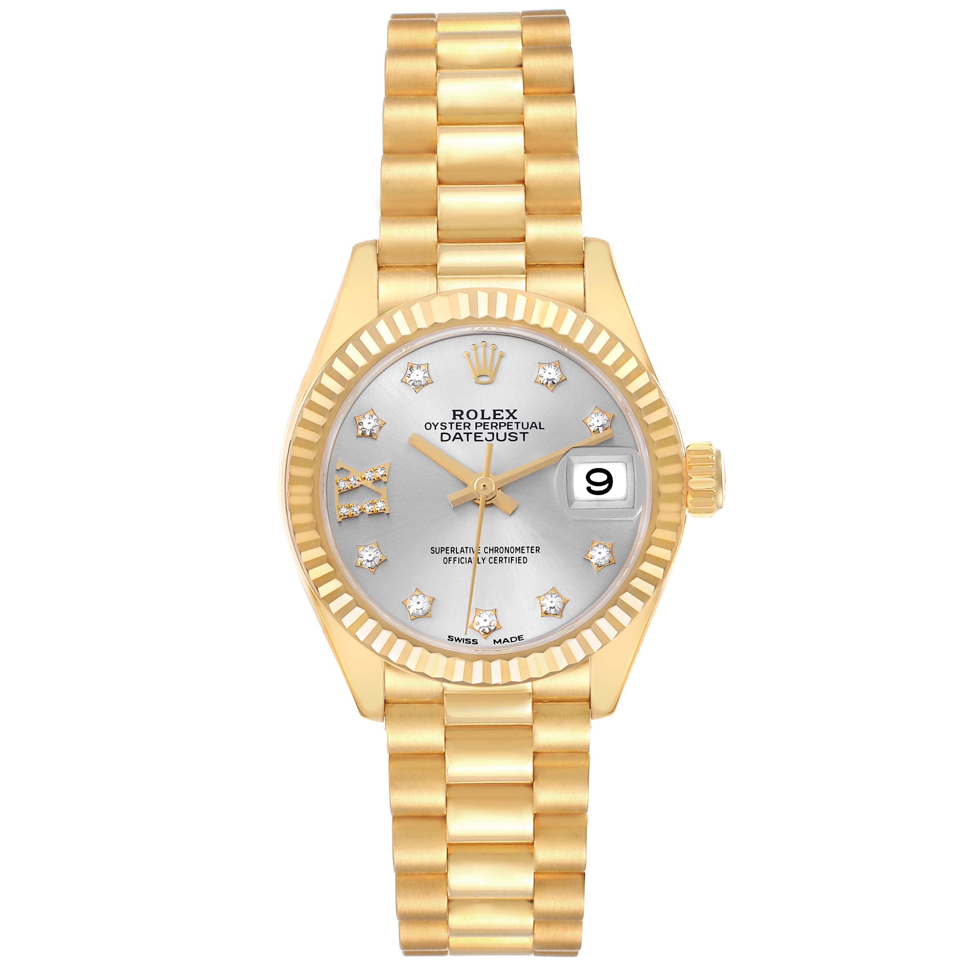 The Rolex President 279178 Women's Yellow Gold Silver Dial 279178 Women's Yellow Gold Silver Dial watch is shown in a front view, displaying its gold bracelet, fluted bezel, and silver dial with a date window.