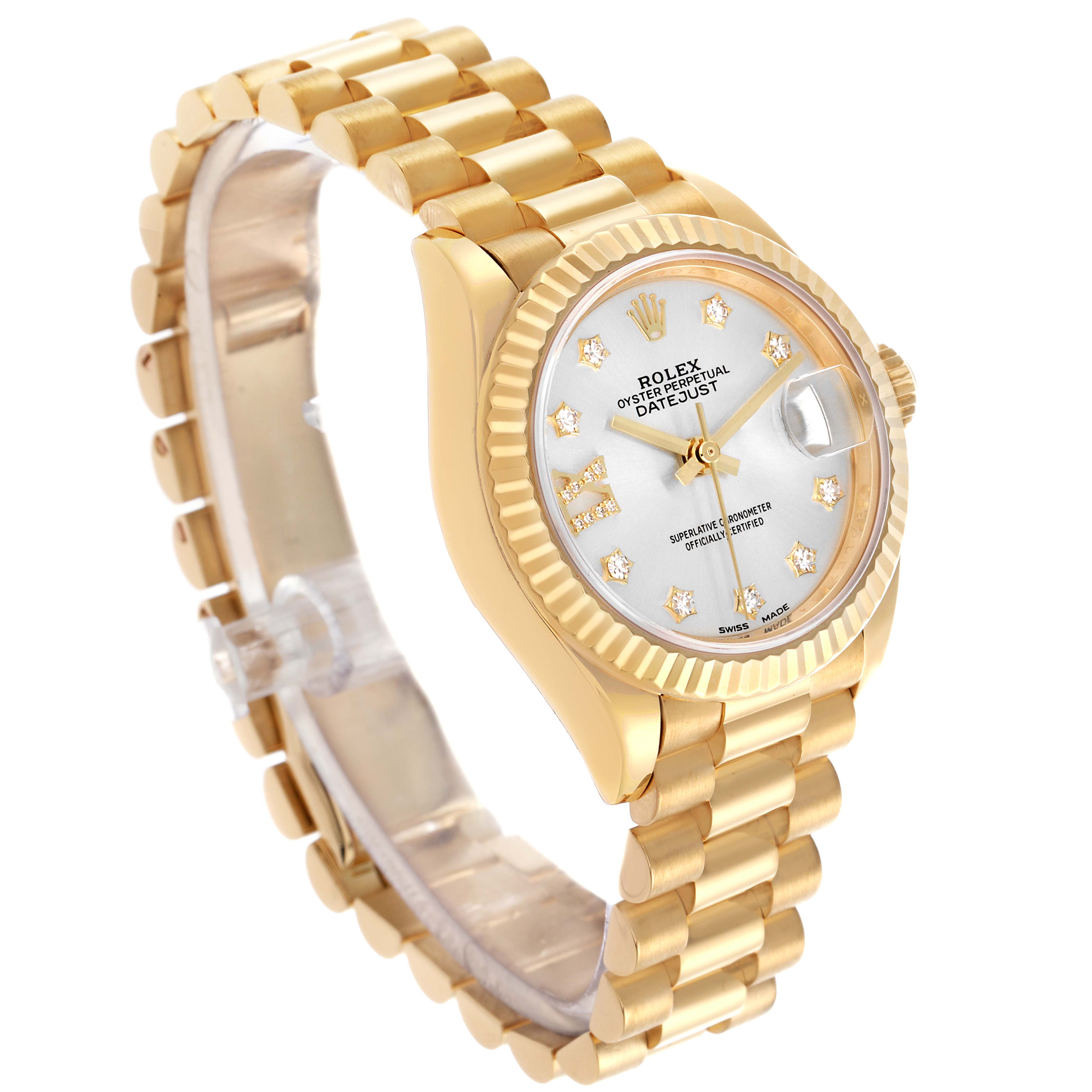 The Rolex President 279178 Women's Yellow Gold Silver Dial 279178 Women's Yellow Gold Silver Dial watch is shown at a three-quarter angle, highlighting its dial, bezel, and bracelet.