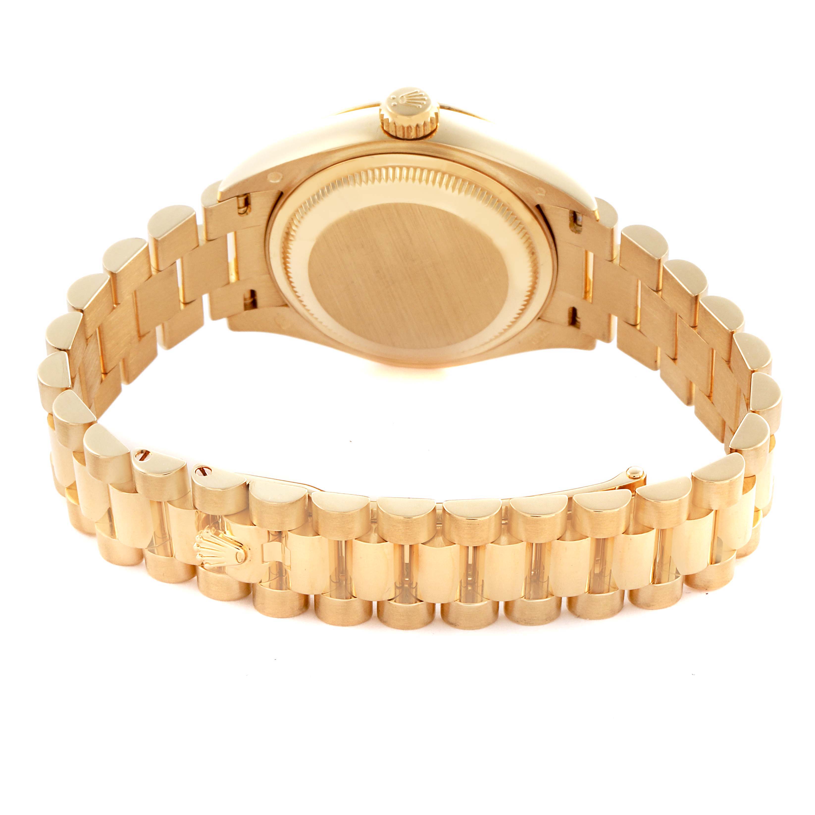 The image shows the back of the Rolex President 279178 Women's Yellow Gold Silver Dial 279178 Women's Yellow Gold Silver Dial model, highlighting its bracelet and clasp.