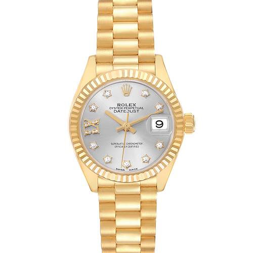 The Rolex President 279178 Women's Yellow Gold Silver Dial 279178 Women's Yellow Gold Silver Dial model is shown from the front, displaying its gold bracelet, dial with diamond indices, and date feature.