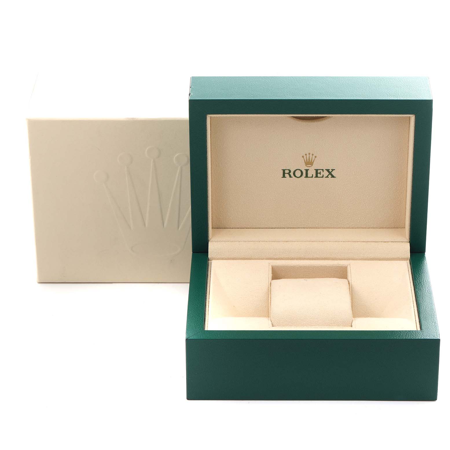 The image shows an open Rolex watch box for the President model, featuring the brand logo inside and a cushioned watch holder.