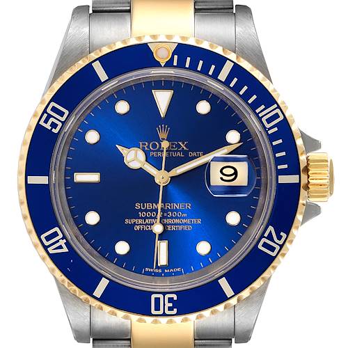This is a front view of a Rolex Submariner 16613 Men's Steel and Gold (two tone) Blue Dial 16613 Men's Steel and Gold (two tone) Blue Dial watch, featuring a blue dial with luminescent markers and a date window at 3 o'clock.