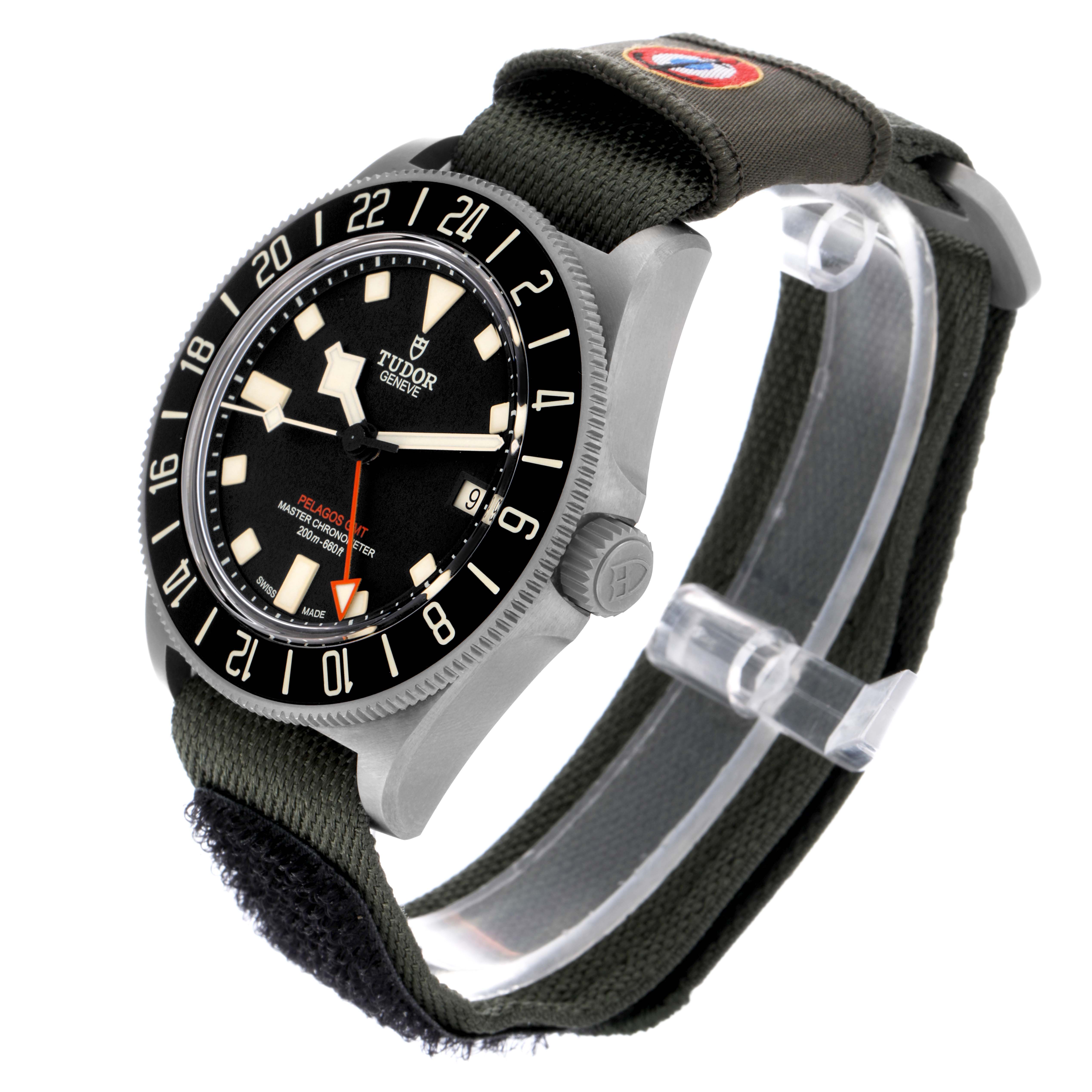 The Tudor Pelagos 2542G247NU-0001 Men's Titanium Black Dial 2542G247NU-0001 Men's Titanium Black Dial watch is shown at an angled side view highlighting the dial, bezel, and strap.