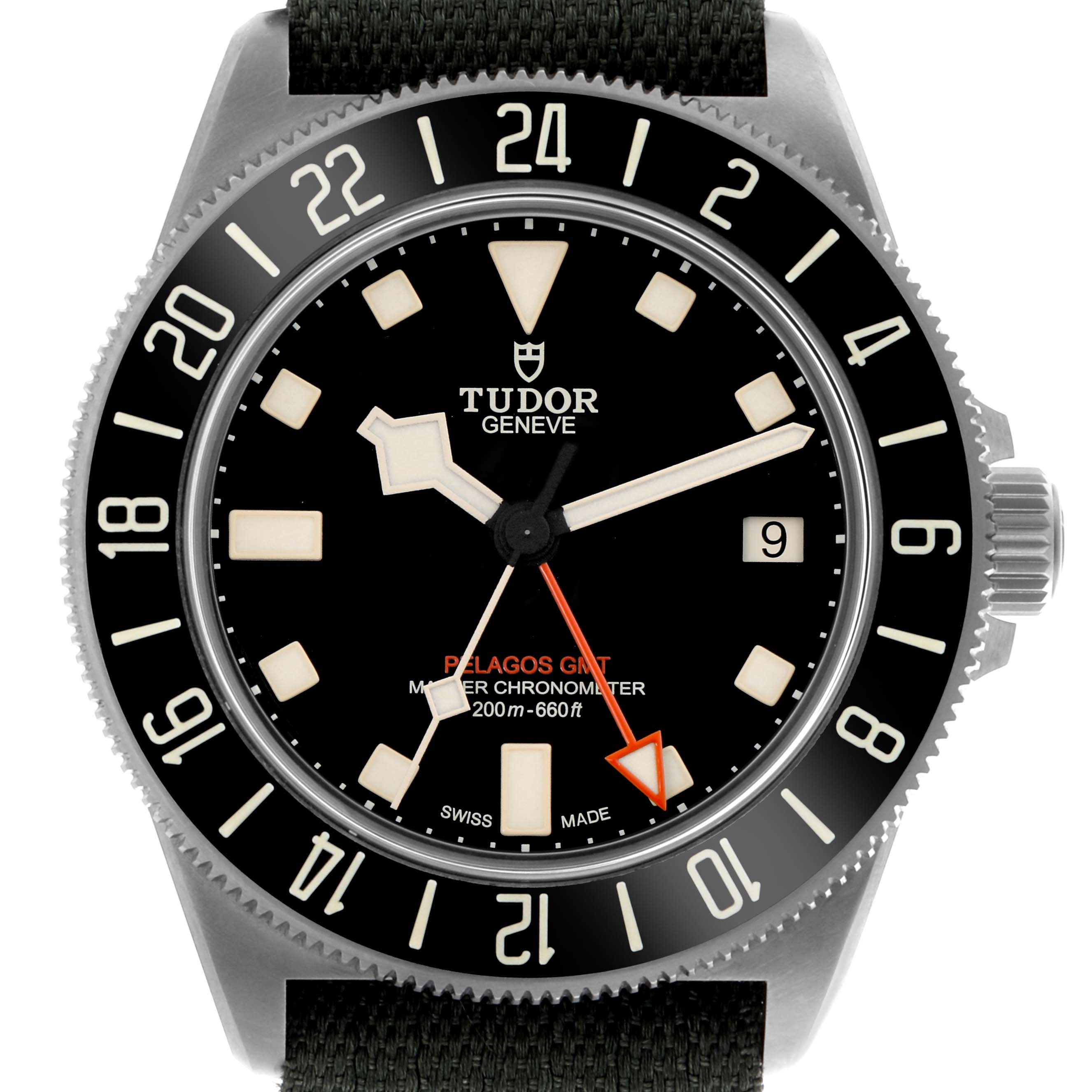 The image shows a Tudor Pelagos 2542G247NU-0001 Men's Titanium Black Dial 2542G247NU-0001 Men's Titanium Black Dial watch face from a front angle, displaying the dial, hands, date window, and bezel.