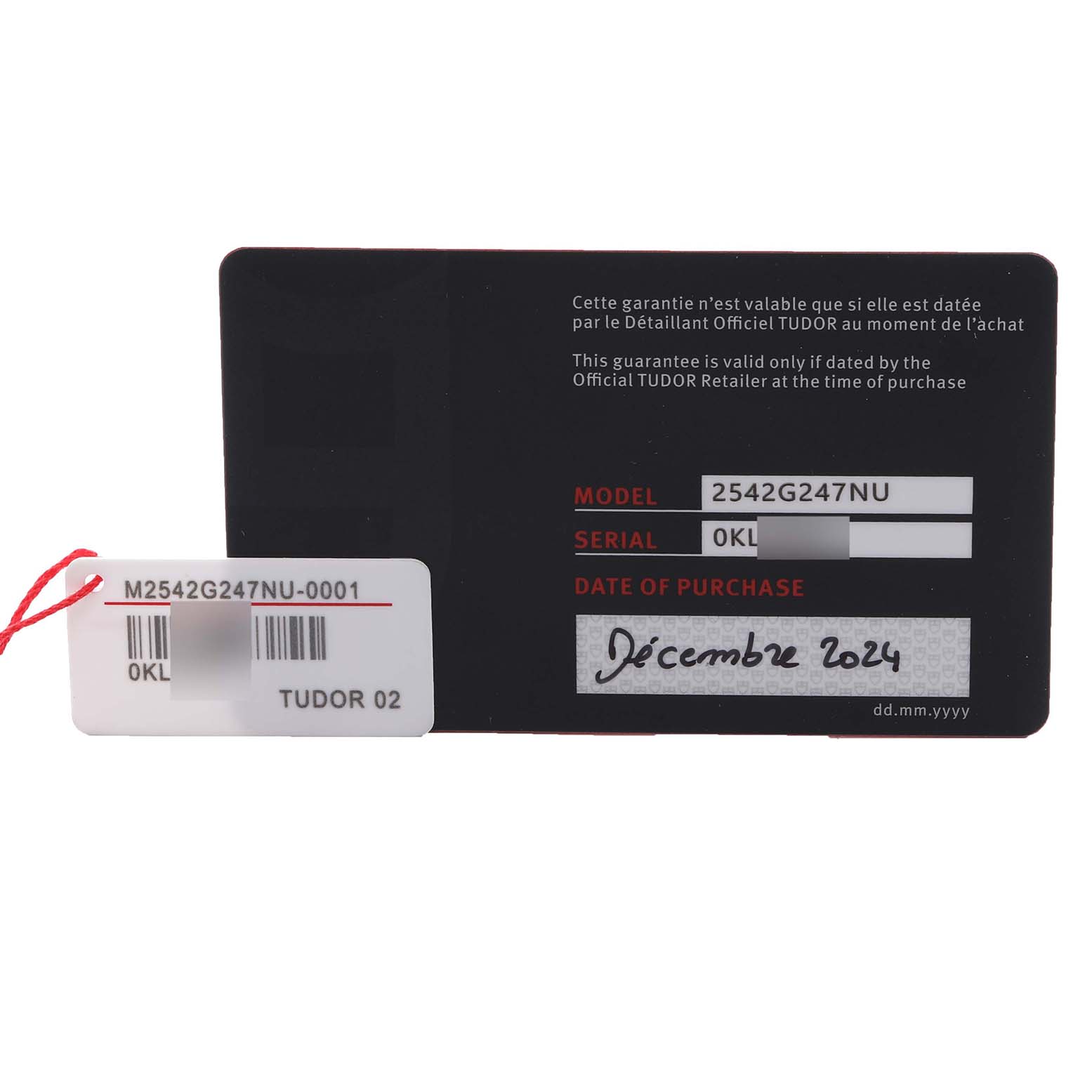 The image shows warranty and serial cards for the Tudor Pelagos 2542G247NU-0001 Men's Titanium Black Dial 2542G247NU-0001 Men's Titanium Black Dial watch model.