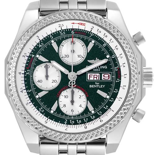 The Breitling Bentley A1336212/L503-SS Men's Stainless Steel Green Dial A1336212/L503-SS Men's Stainless Steel Green Dial watch is shown from a front angle, featuring the dial, bezel, and bracelet.