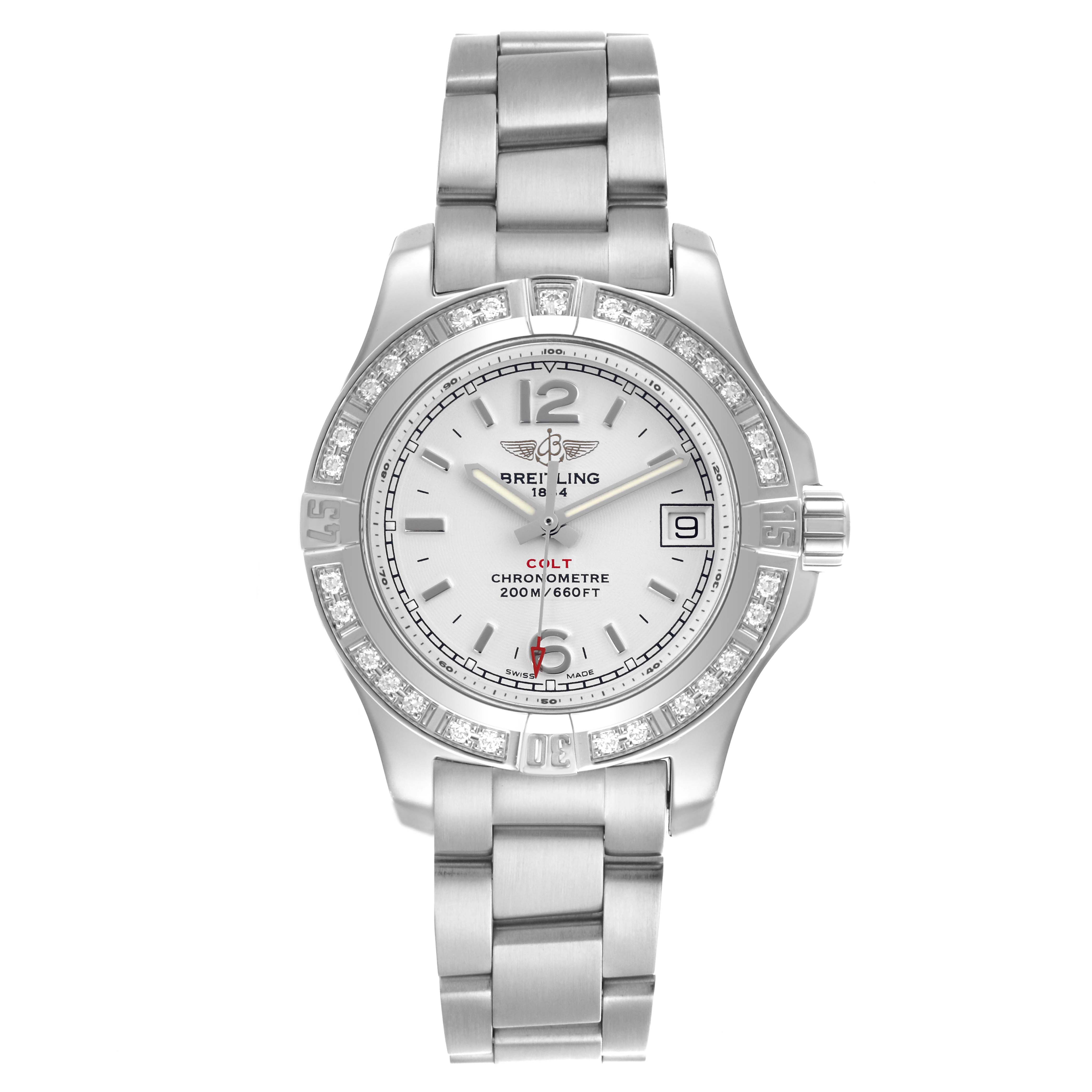 The Breitling A77388 Women's Stainless Steel Silver Dial A77388 Women's Stainless Steel Silver Dial Colt Lady A77388 is shown from a top-down angle, highlighting its silver dial, diamond bezel, and steel bracelet.